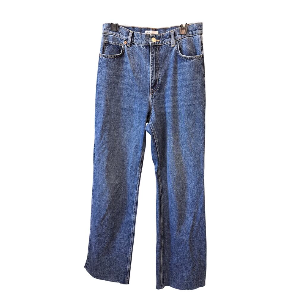 New ZARA Women's Blue Raw Hem Straight Leg Denim Jeans Size 8 FLAWED